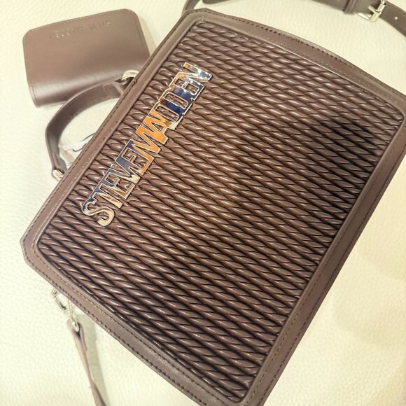 NWT STEVE MADDEN BEVELYN MATELASSE SATCHEL CROSSBODY BAG CREDIT CARD CASE BROWN - Picture 4 of 9